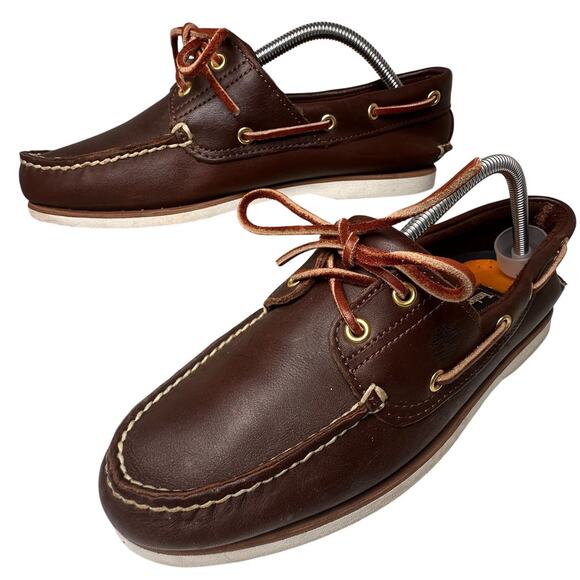 Timberland Other - Vtg Timberland Brown Leather White Sole 2 Eye Boat Shoes 74035 Preppy Men Sz 9.5